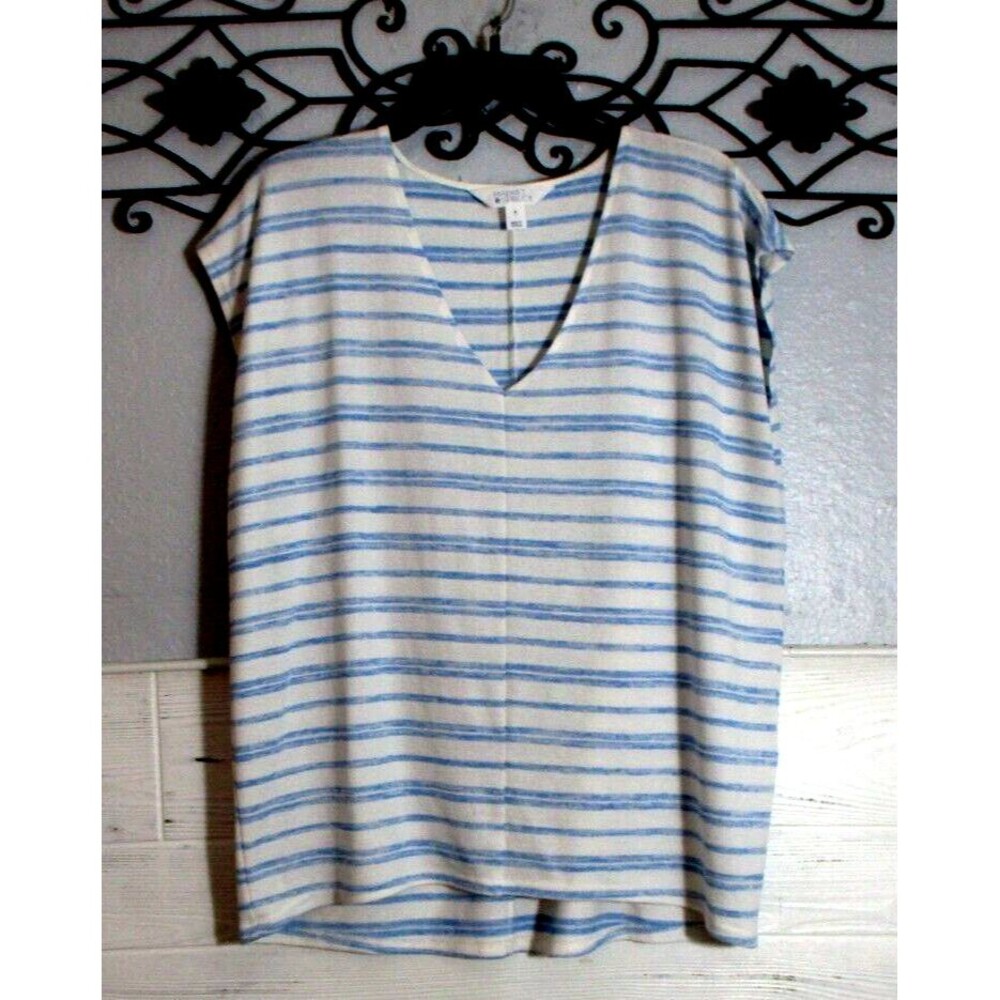 Market & Spruce Women's Knit Top Size M Short Sleeve Multicolored Striped V Neck